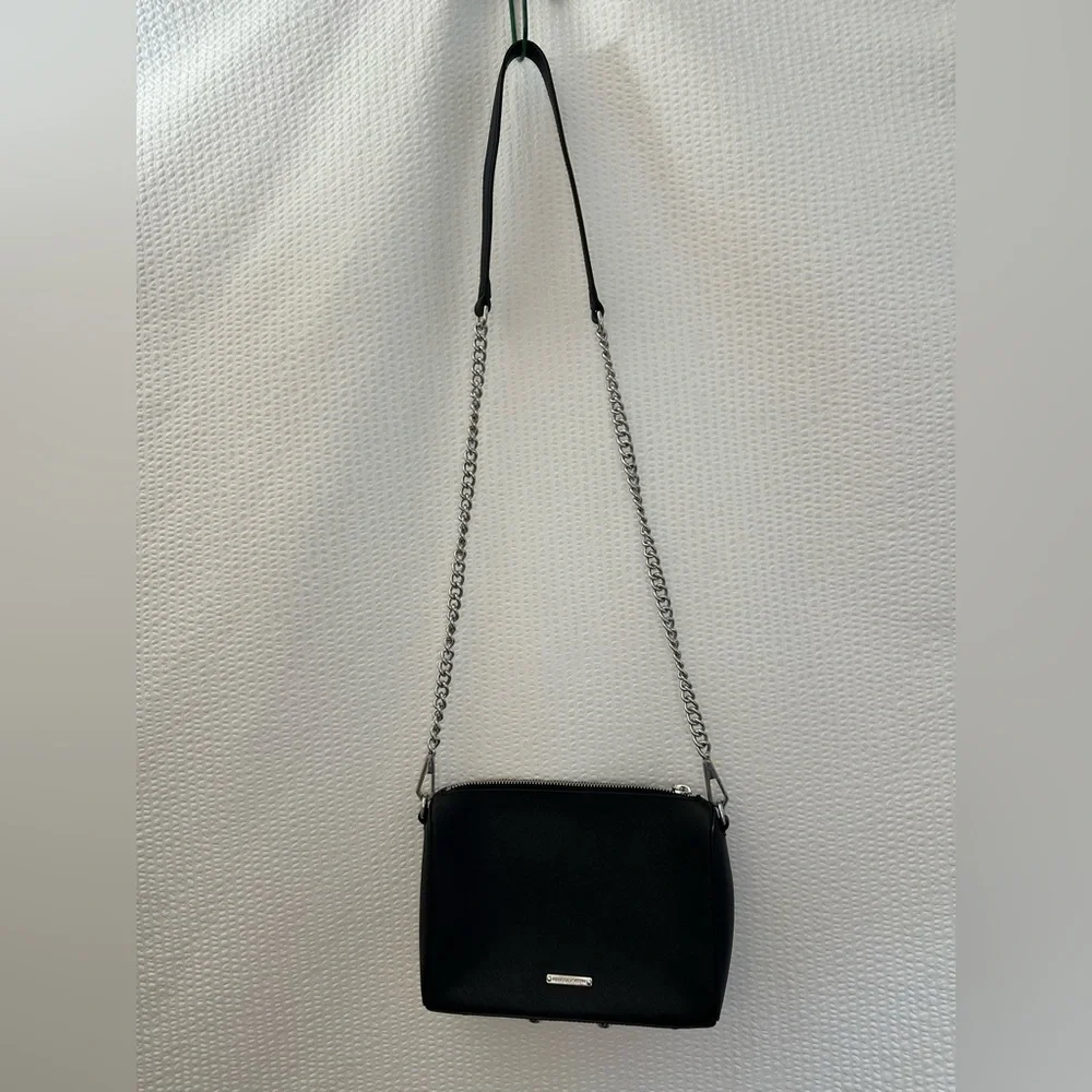 Rebecca Minkoff Avery Black Saffiano Leather Crossbody Bag Chain Strap Zip Top